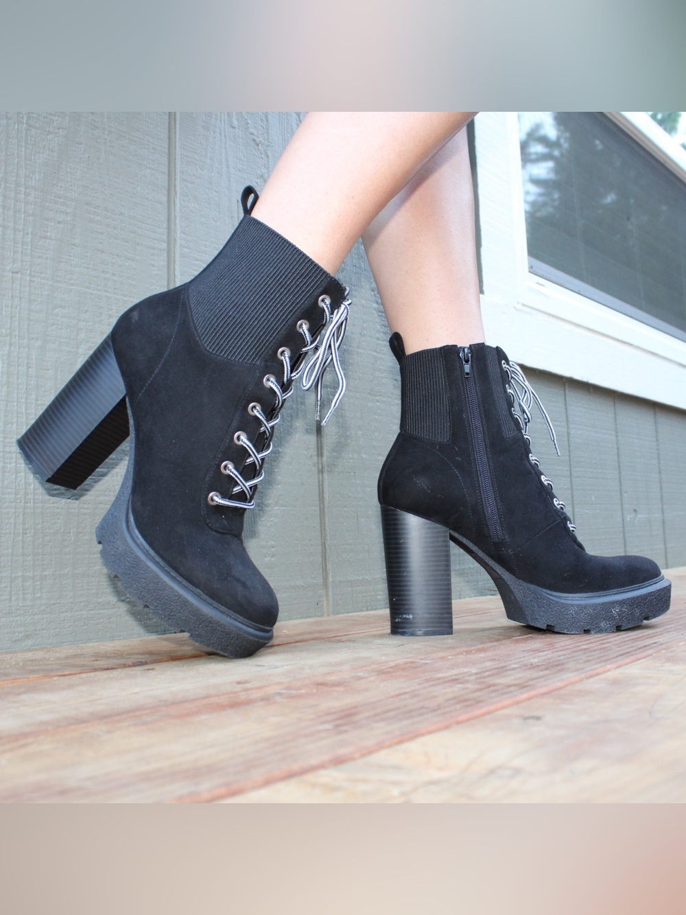 Mix No. 6 Black Lace-Up Block Heel Booties Womens Size 9 Platform Combat Heels